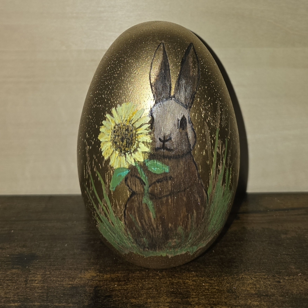 4 Inch, Solid Wood, Laser Engraved, Hand-Painted Bunny Egg Decor